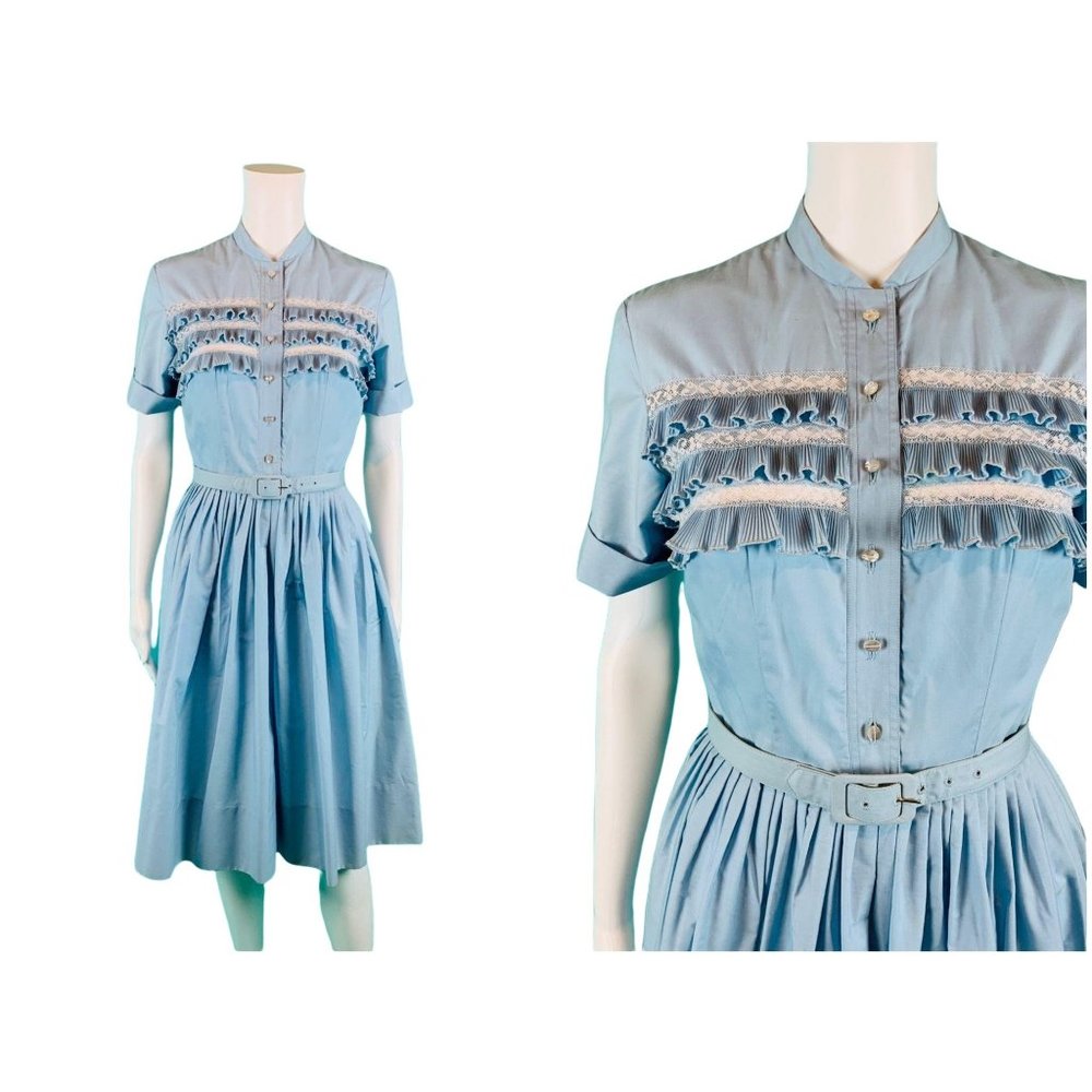 Vintage 1960s Shirtdress Light Blue Ruffle Full Skirt Dress | W 24"